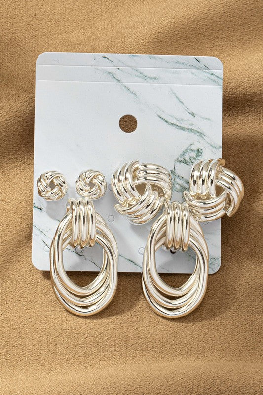 Premium Trio Metal Knot and Hoop Earrings Set