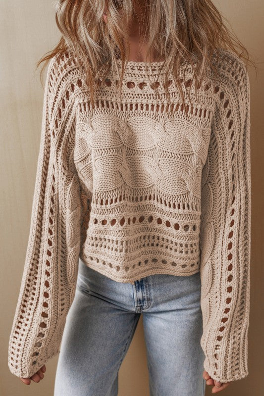 Gray Openwork Cable Knit Cropped Sweater