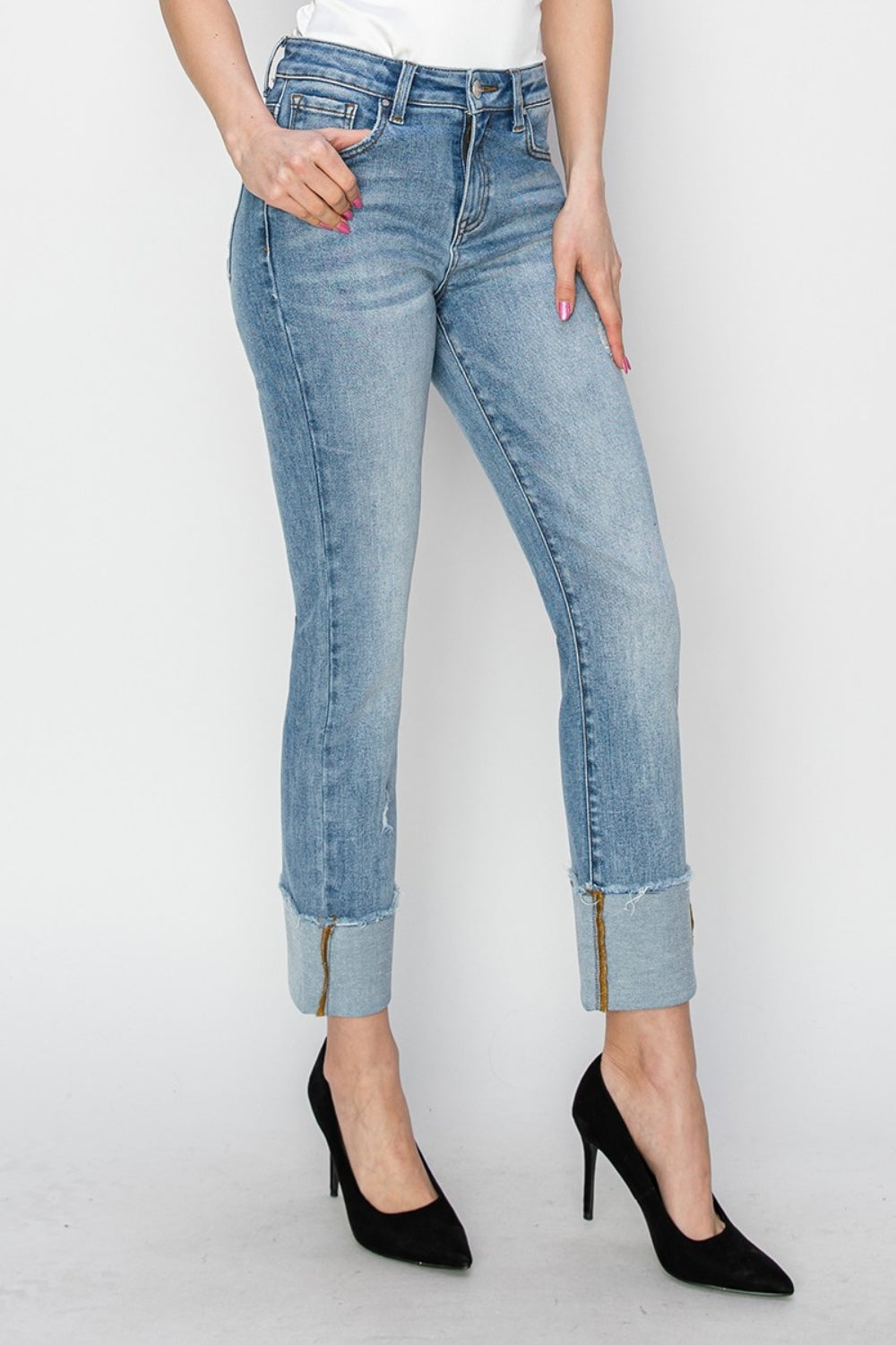 RISEN High Rise Cuffed Slim Straight Jeans - Petite Length