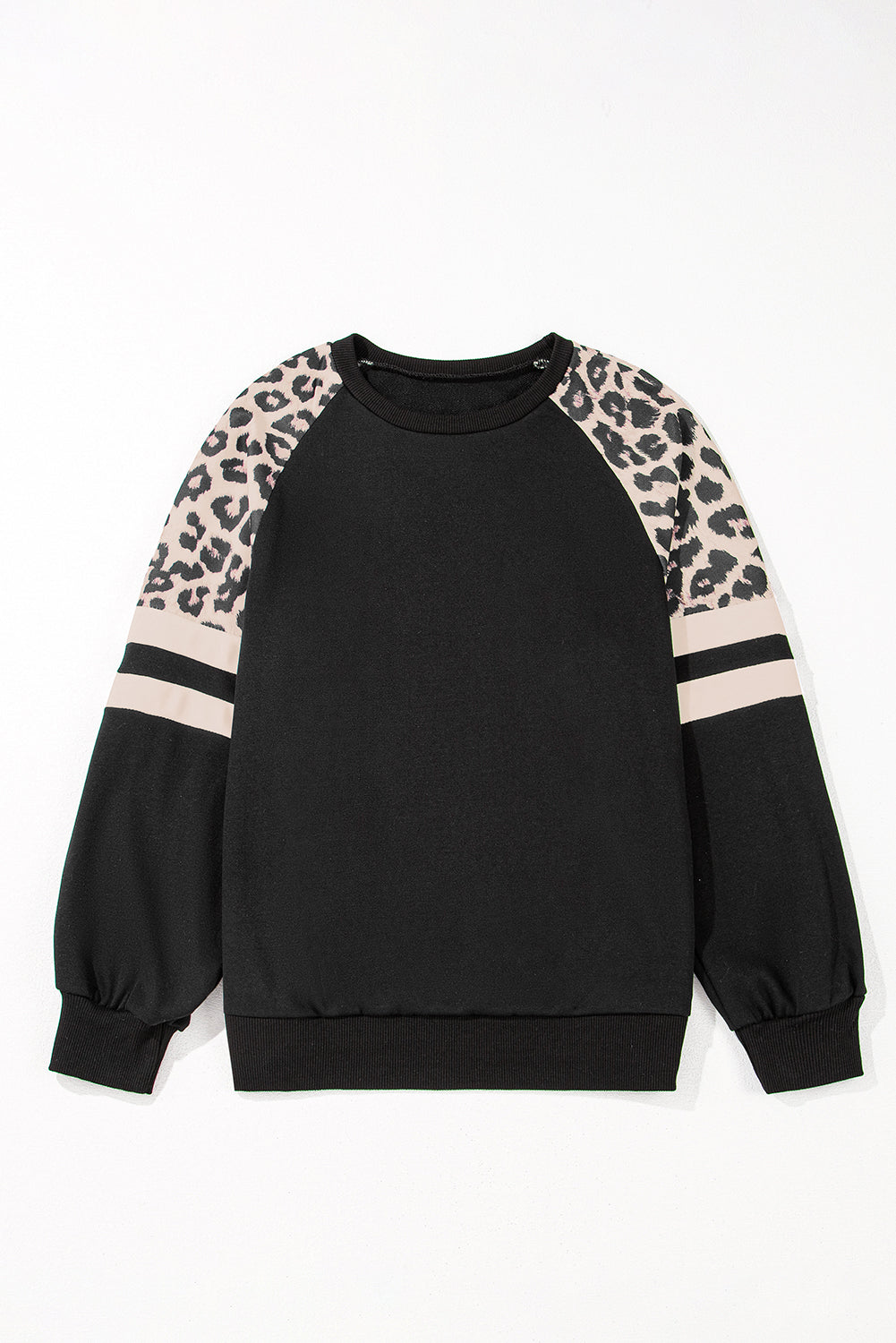 Black Leopard Print Patchwork Raglan Sleeve Sweatshirt