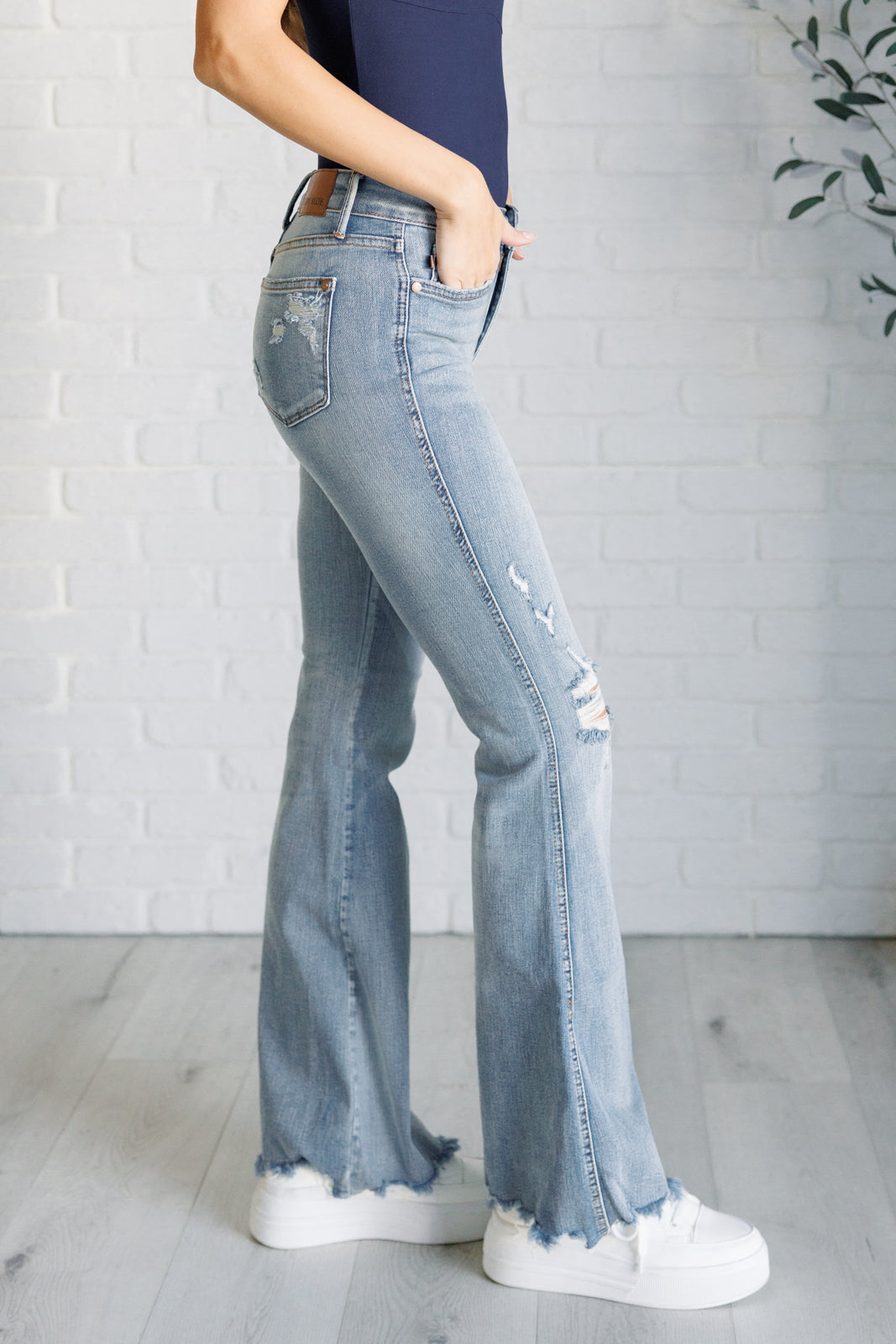 Judy Blue Caroline Mid Rise Control Top Distressed Flare Jeans